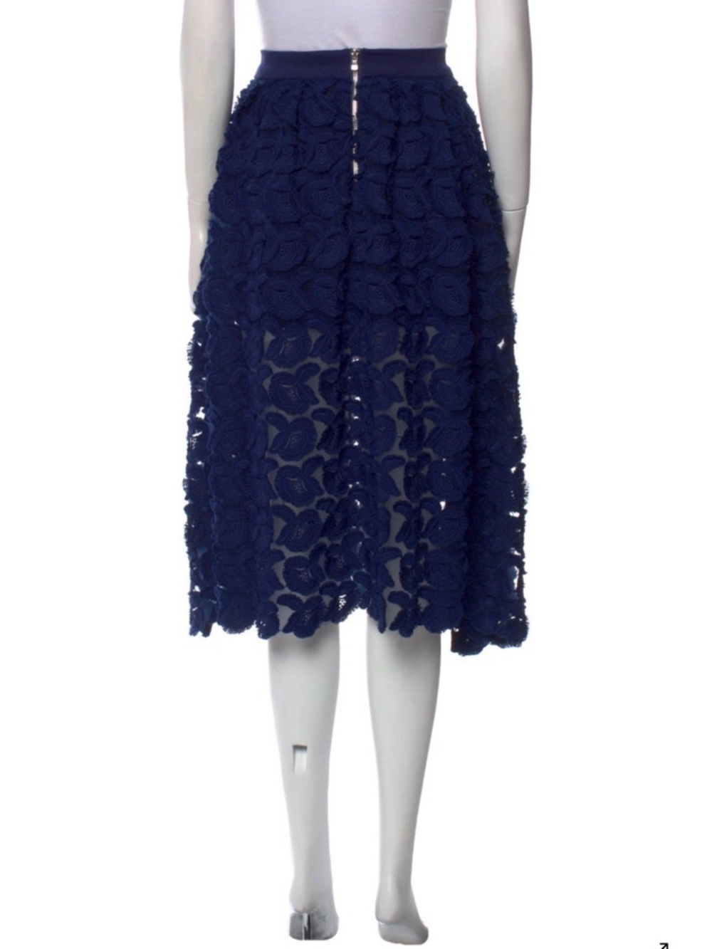 Maje Navy Floral Lace Midi Skirt with Sheer Overlay